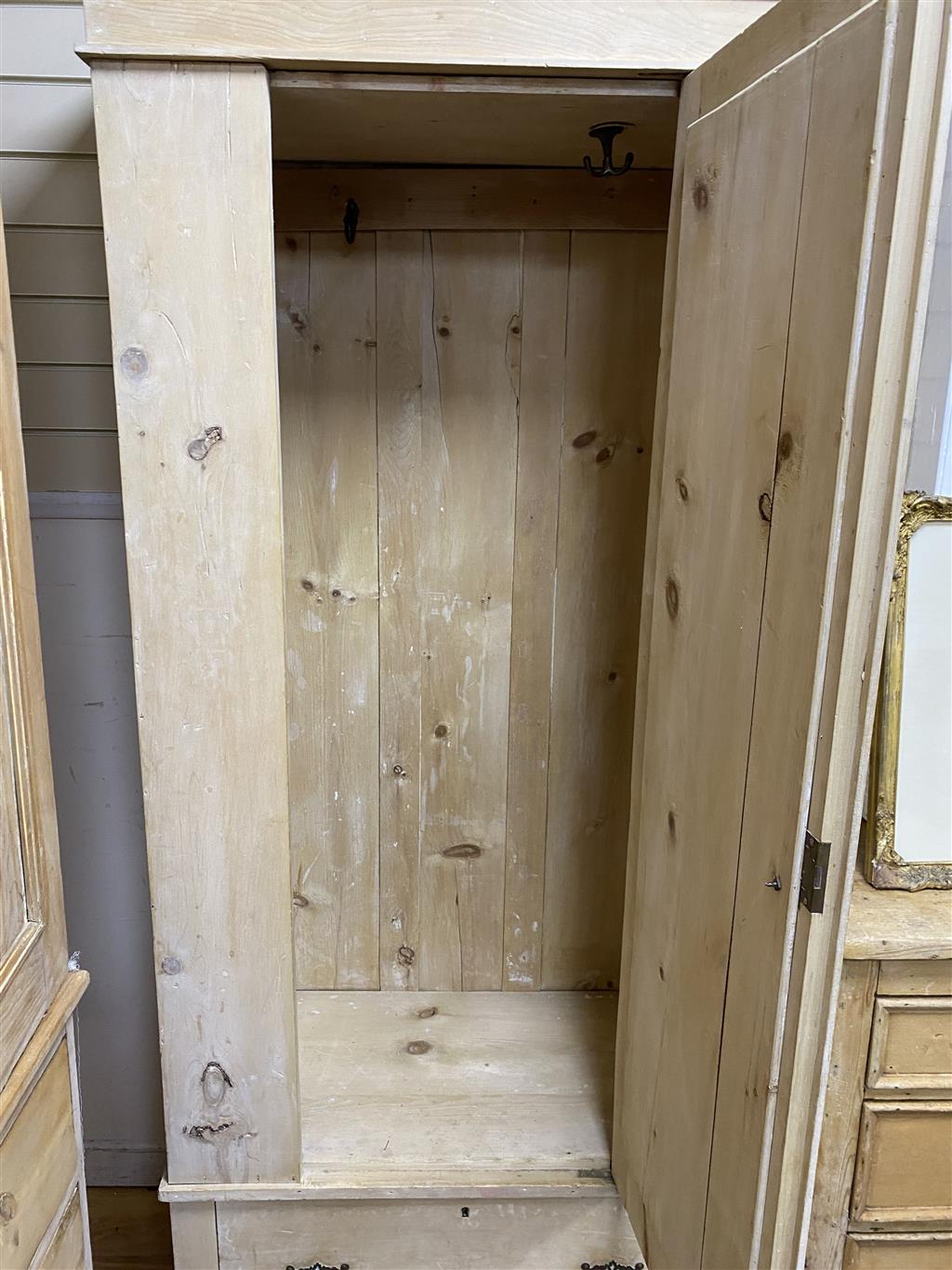 An Edwardian pine mirrored door wardrobe, length 94cm, depth 49cm, height 211cm